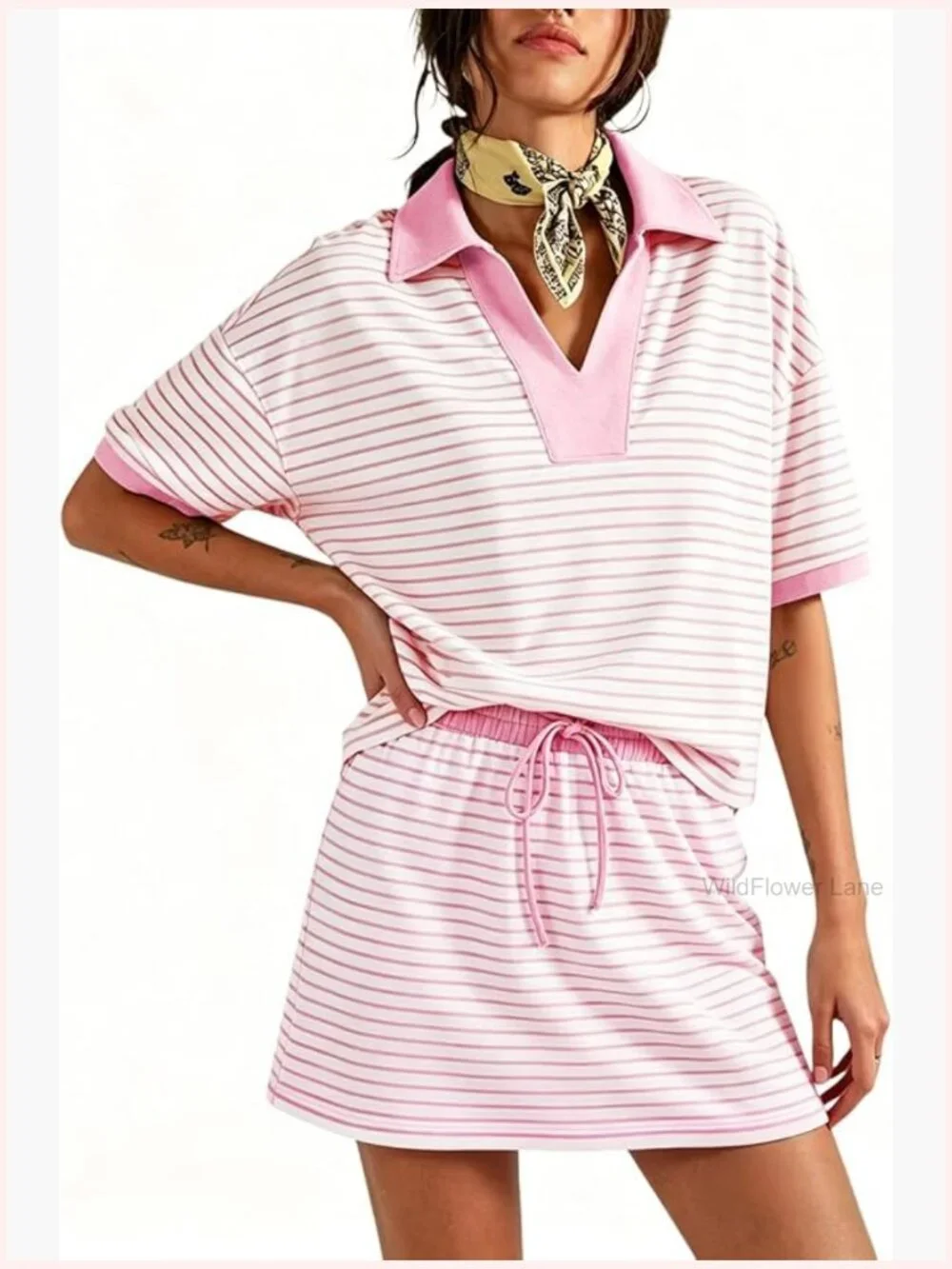 2 Piece Skort Set Striped Short Sleeve Casual Lounge Outfit Workout Matching Set